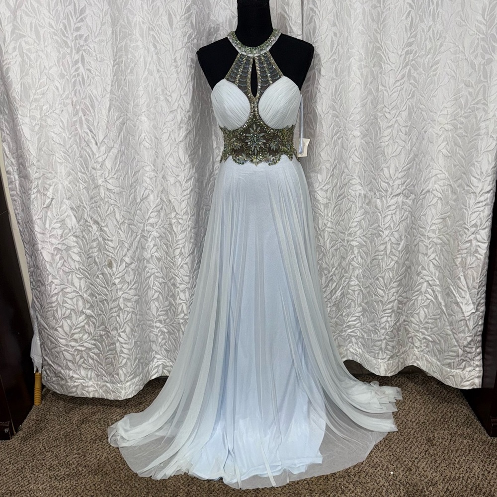 Baby Blue Maxi Prom Dress Size 4 Halter Top Green Beaded Flowy Skirt New w/ Tags